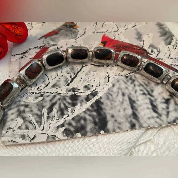 VINTAGE .950 SILVER MAHOGANY OBSIDIAN 9 LINK BRACELET, TOGGLE CLASP 36 GRAMS - Picture 11 of 16